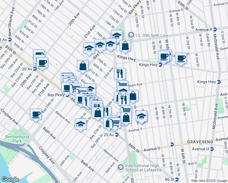 map of restaurants, bars, coffee shops, grocery stores, and more near 2365 82nd Street in Brooklyn