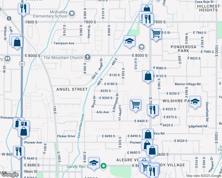 map of restaurants, bars, coffee shops, grocery stores, and more near 485 East 8220 South in Sandy