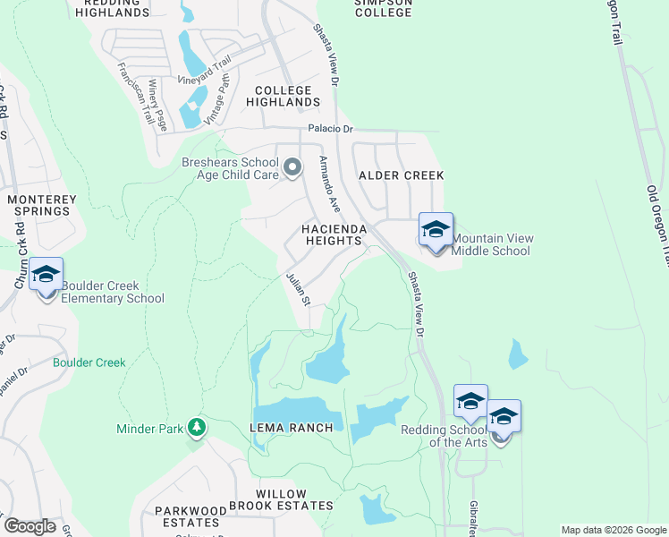 map of restaurants, bars, coffee shops, grocery stores, and more near Leah's Loop in Redding