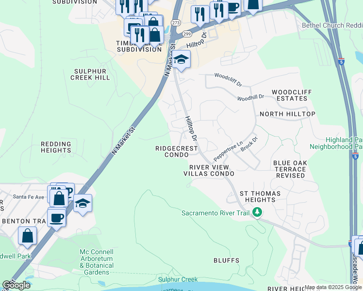 map of restaurants, bars, coffee shops, grocery stores, and more near 488 Ridgetop Drive in Redding