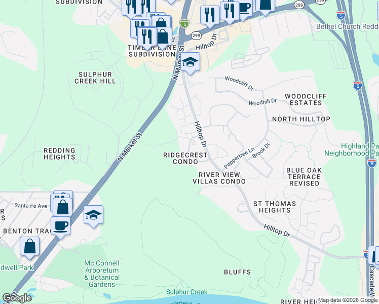 map of restaurants, bars, coffee shops, grocery stores, and more near 488 Ridgetop Drive in Redding