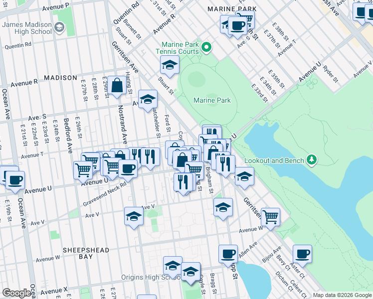 map of restaurants, bars, coffee shops, grocery stores, and more near 2054 Bragg Street in Brooklyn