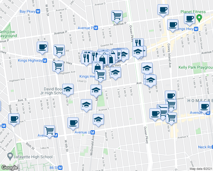 map of restaurants, bars, coffee shops, grocery stores, and more near 387 Avenue S in Brooklyn