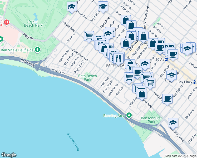map of restaurants, bars, coffee shops, grocery stores, and more near 8909 Bay 16th Street in Brooklyn