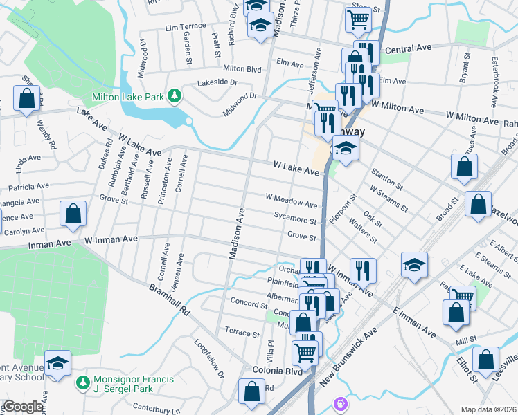 map of restaurants, bars, coffee shops, grocery stores, and more near 497 Sycamore Street in Rahway