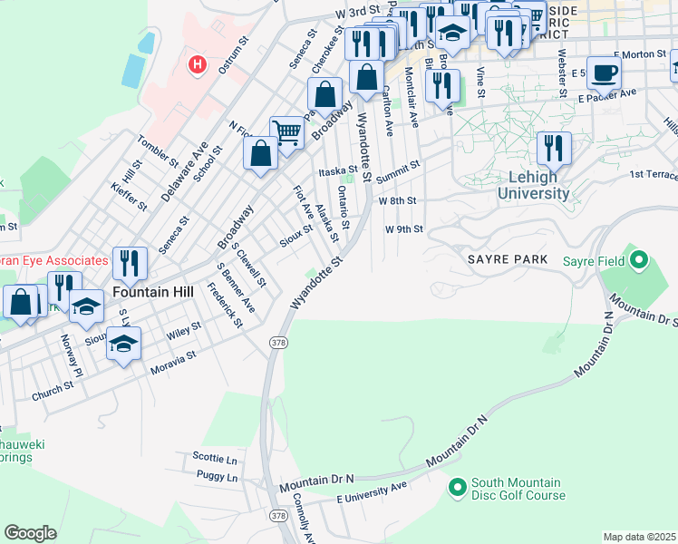 map of restaurants, bars, coffee shops, grocery stores, and more near 965 Wyandotte Street in Bethlehem