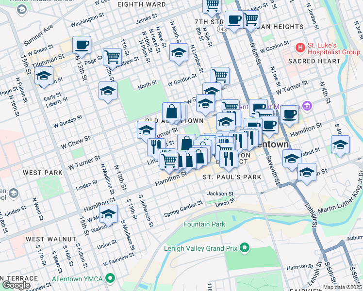 map of restaurants, bars, coffee shops, grocery stores, and more near in Allentown