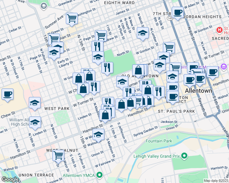 map of restaurants, bars, coffee shops, grocery stores, and more near 148 North 12th Street in Allentown