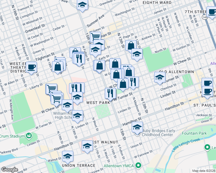 map of restaurants, bars, coffee shops, grocery stores, and more near in Allentown