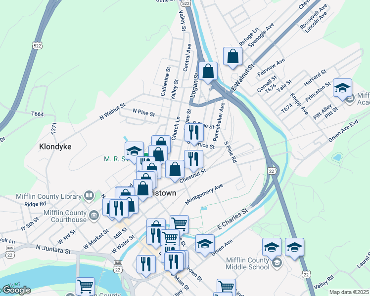 map of restaurants, bars, coffee shops, grocery stores, and more near 77 Logan Street in Lewistown
