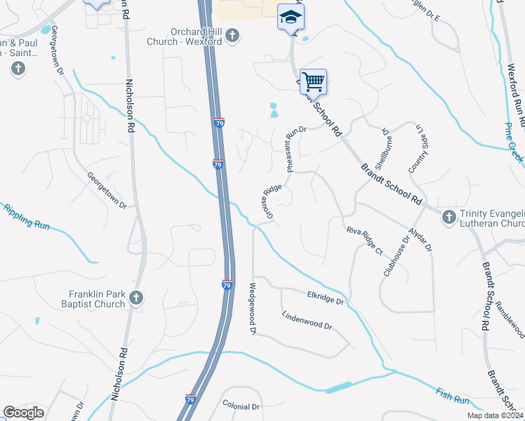 map of restaurants, bars, coffee shops, grocery stores, and more near 2587B Grouse Ridge in Wexford
