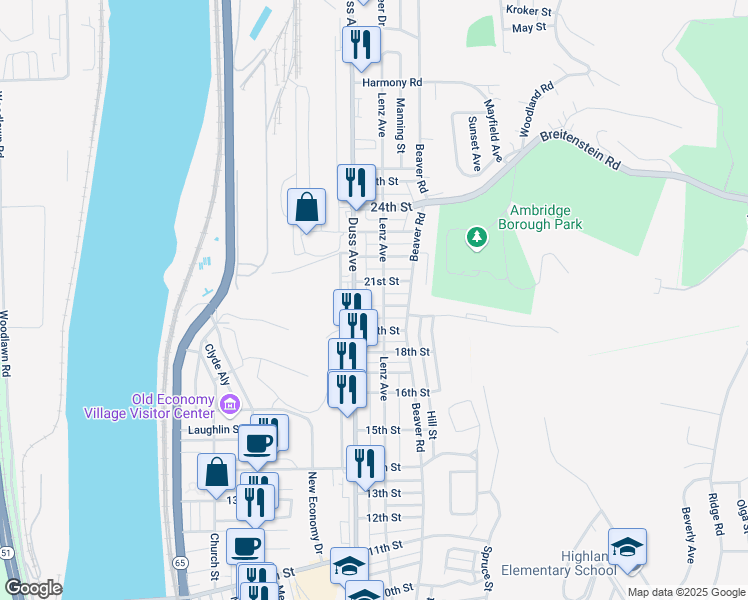 map of restaurants, bars, coffee shops, grocery stores, and more near 1900 Duss Avenue in Ambridge