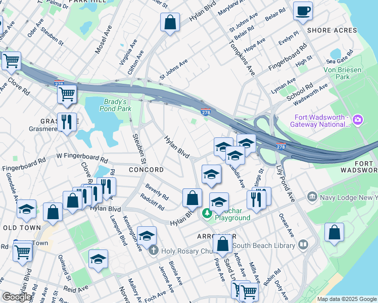 map of restaurants, bars, coffee shops, grocery stores, and more near 744 Hylan Boulevard in Staten Island