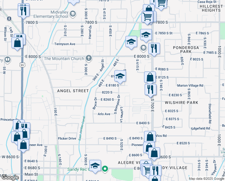 map of restaurants, bars, coffee shops, grocery stores, and more near 485 East 8220 South in Sandy