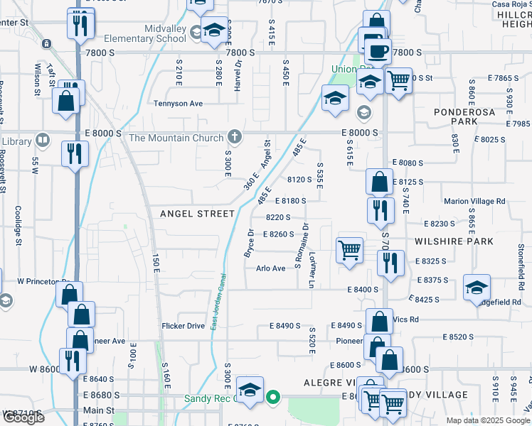 map of restaurants, bars, coffee shops, grocery stores, and more near 421 East 8220 South in Sandy