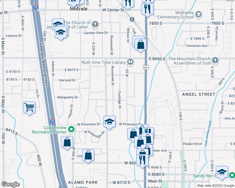 map of restaurants, bars, coffee shops, grocery stores, and more near 8218 Coolidge Street in Midvale
