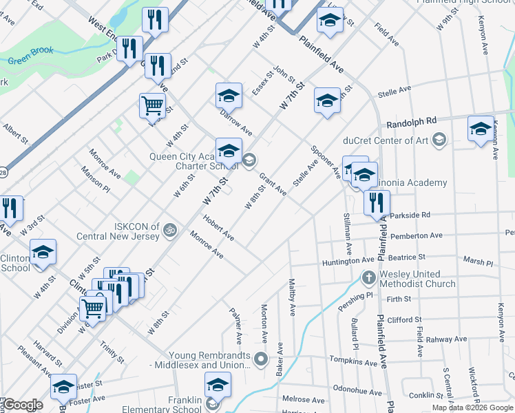 map of restaurants, bars, coffee shops, grocery stores, and more near 833 West 8th Street in Plainfield