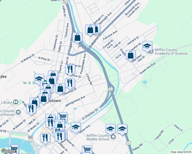 map of restaurants, bars, coffee shops, grocery stores, and more near 36 Feeder Avenue in Lewistown