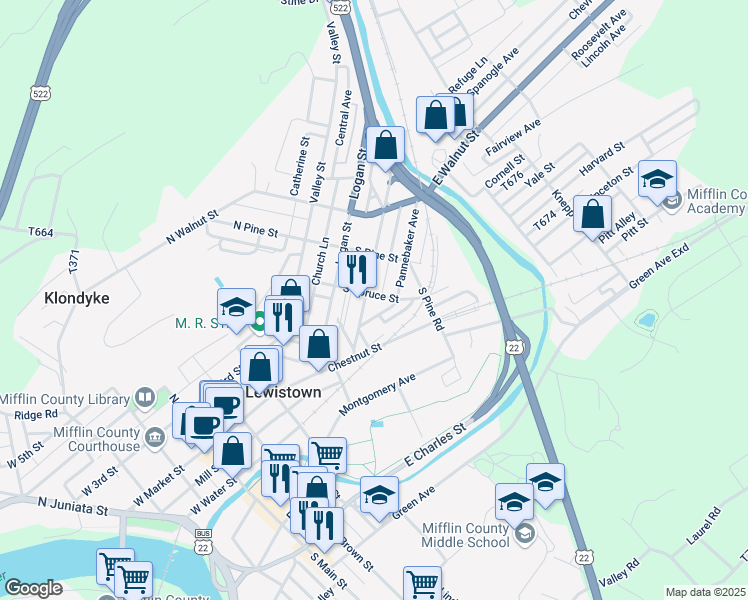 map of restaurants, bars, coffee shops, grocery stores, and more near 29 Shaw Avenue in Lewistown