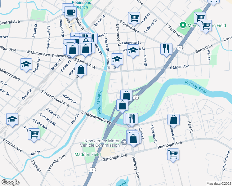 map of restaurants, bars, coffee shops, grocery stores, and more near 484 Hancock Street in Rahway