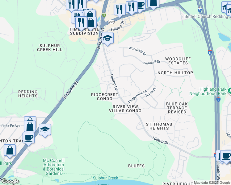 map of restaurants, bars, coffee shops, grocery stores, and more near 426 Ridgecrest Trail in Redding