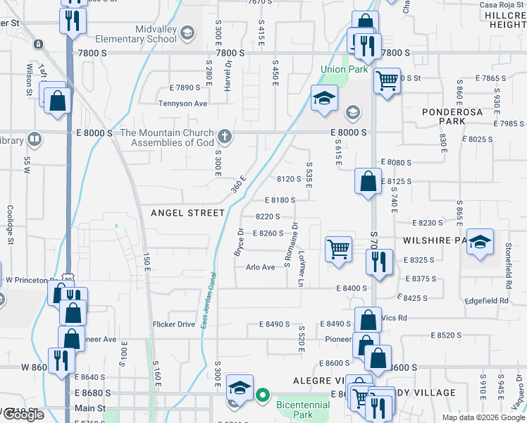 map of restaurants, bars, coffee shops, grocery stores, and more near 421 East 8220 South in Sandy