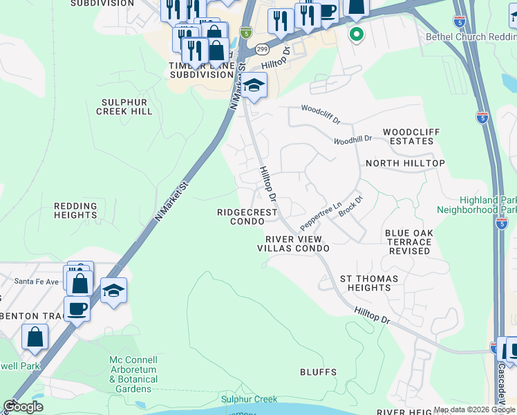 map of restaurants, bars, coffee shops, grocery stores, and more near 488 Ridgetop Drive in Redding