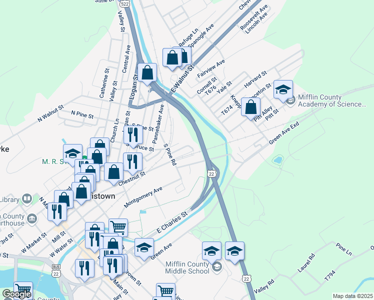 map of restaurants, bars, coffee shops, grocery stores, and more near 44 Feeder Avenue in Lewistown