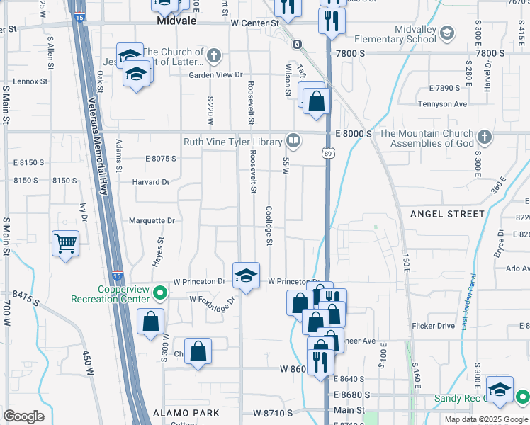 map of restaurants, bars, coffee shops, grocery stores, and more near 8218 Coolidge Street in Midvale