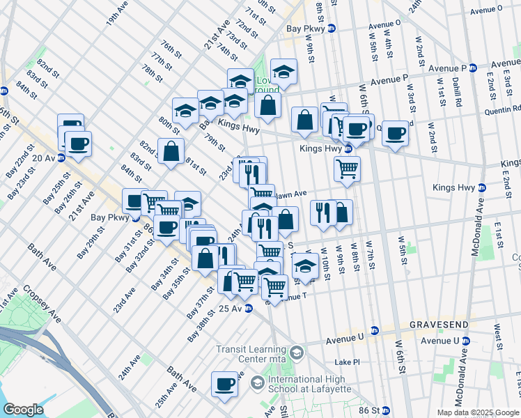 map of restaurants, bars, coffee shops, grocery stores, and more near 1825 Stillwell Avenue in Brooklyn
