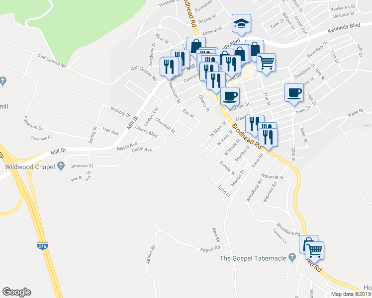 map of restaurants, bars, coffee shops, grocery stores, and more near 155 Chestnut St in Aliquippa
