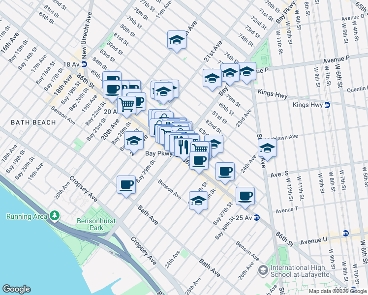 map of restaurants, bars, coffee shops, grocery stores, and more near 2200 85th Street in Brooklyn