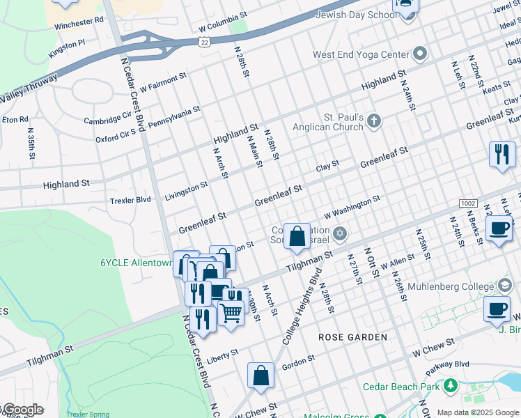 map of restaurants, bars, coffee shops, grocery stores, and more near 2844-2848 Greenleaf Street in Allentown