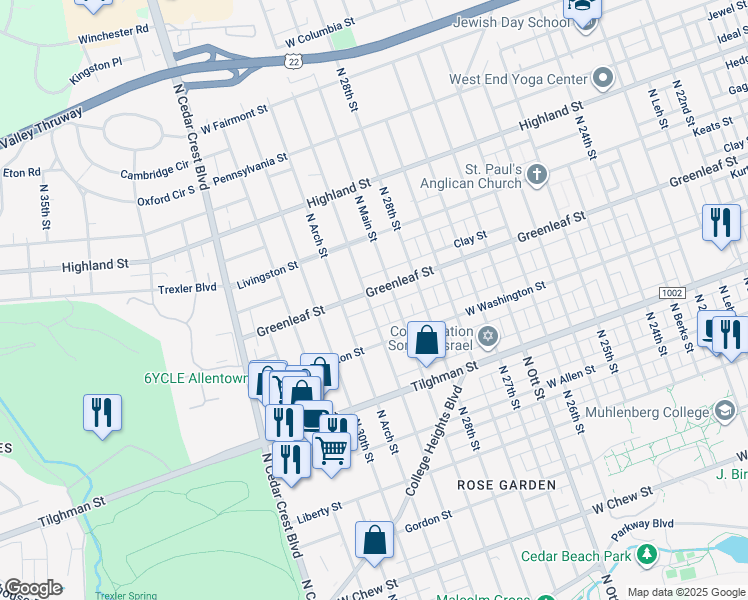 map of restaurants, bars, coffee shops, grocery stores, and more near 2844-2848 Greenleaf Street in Allentown