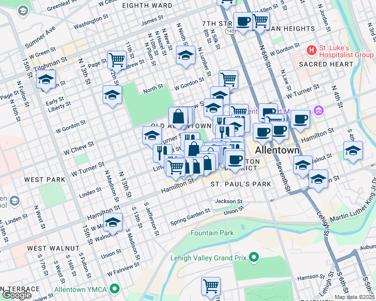 map of restaurants, bars, coffee shops, grocery stores, and more near in Allentown