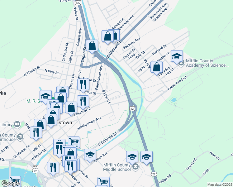 map of restaurants, bars, coffee shops, grocery stores, and more near 44 Feeder Avenue in Lewistown