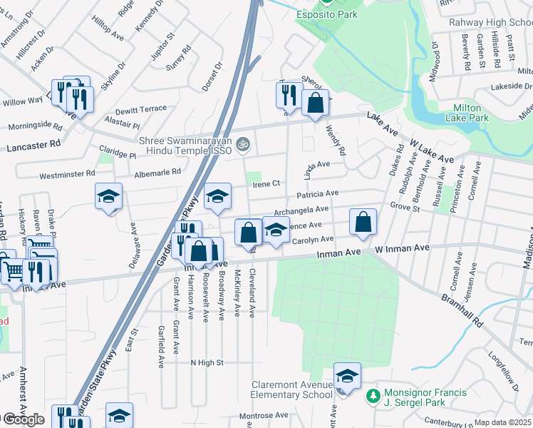 map of restaurants, bars, coffee shops, grocery stores, and more near 197 Archangela Avenue in Woodbridge Township