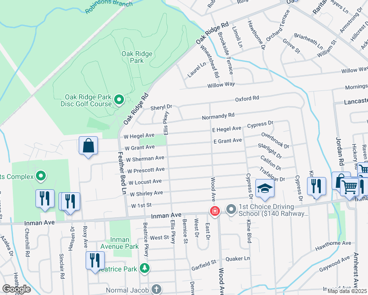 map of restaurants, bars, coffee shops, grocery stores, and more near 213 West Grant Avenue in Edison