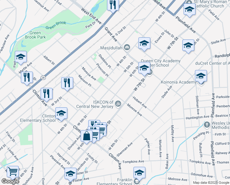 map of restaurants, bars, coffee shops, grocery stores, and more near 970 West 6th Street in Plainfield