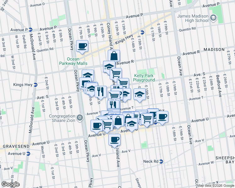 map of restaurants, bars, coffee shops, grocery stores, and more near 1948 East 12th Street in Brooklyn