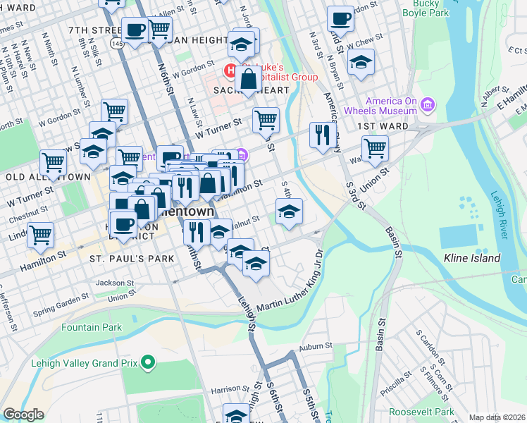map of restaurants, bars, coffee shops, grocery stores, and more near 444 Walnut Street in Allentown