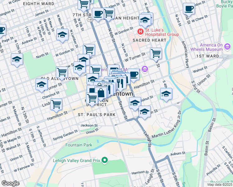 map of restaurants, bars, coffee shops, grocery stores, and more near 4 North 7th Street in Allentown