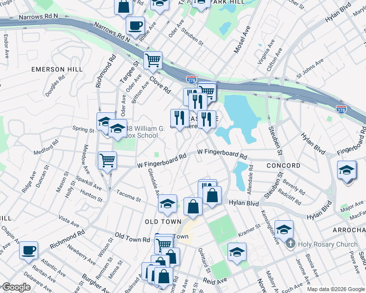 map of restaurants, bars, coffee shops, grocery stores, and more near 80 North Railroad Avenue in Staten Island