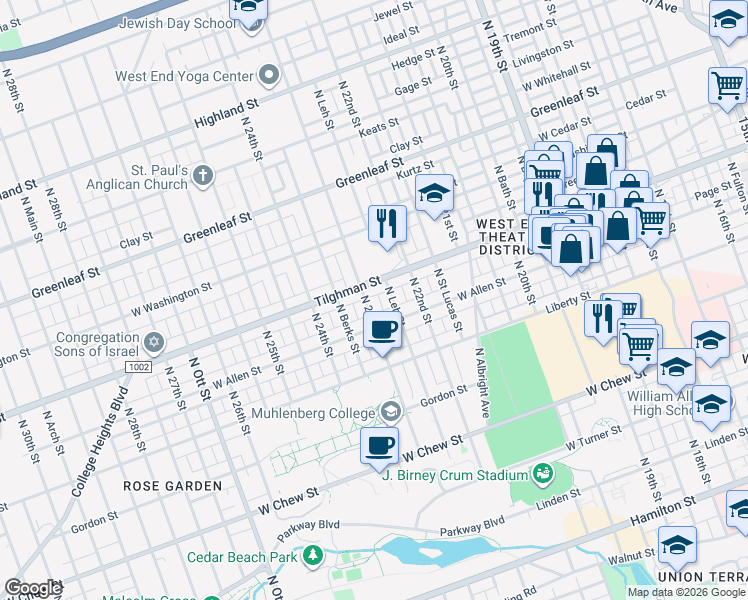 map of restaurants, bars, coffee shops, grocery stores, and more near 613 North 23rd Street in Allentown