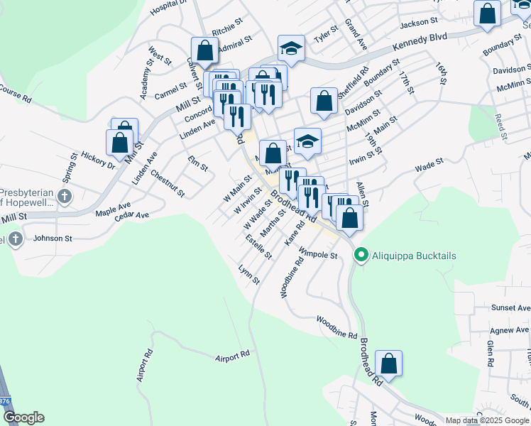 map of restaurants, bars, coffee shops, grocery stores, and more near 2315 West Wade Street in Aliquippa
