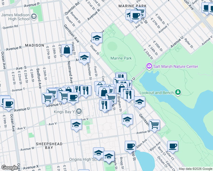 map of restaurants, bars, coffee shops, grocery stores, and more near 2054 Bragg Street in Brooklyn