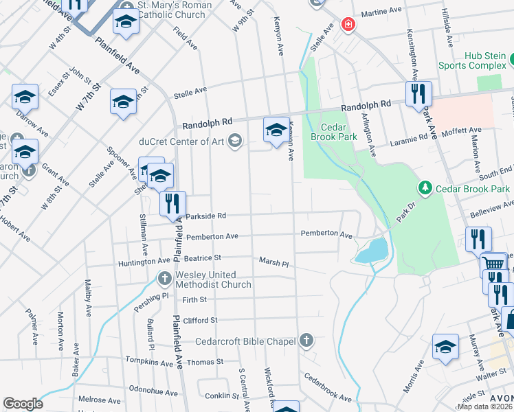 map of restaurants, bars, coffee shops, grocery stores, and more near 1094 Central Avenue in Plainfield