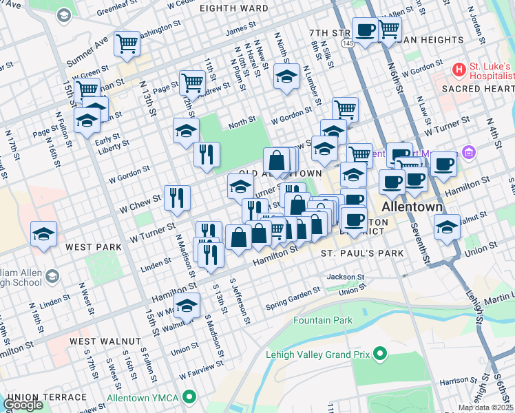 map of restaurants, bars, coffee shops, grocery stores, and more near 130 North 11th Street in Allentown