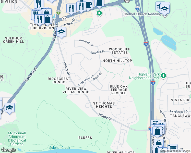map of restaurants, bars, coffee shops, grocery stores, and more near 586 Brock Drive in Redding
