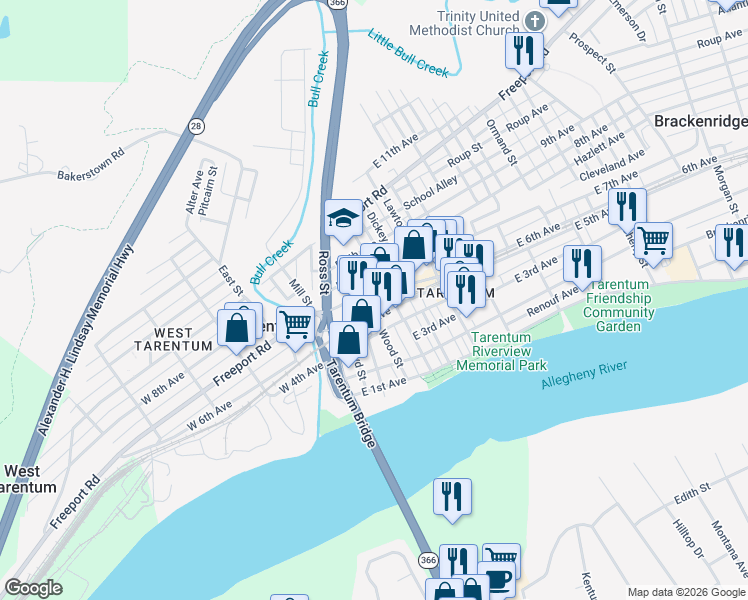 map of restaurants, bars, coffee shops, grocery stores, and more near 209 East 6th Avenue in Tarentum